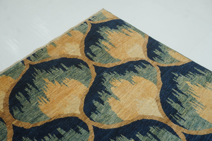 8x10 Afghan Ikat Green Blue Hand-Knotted Rug - Yildiz Rugs