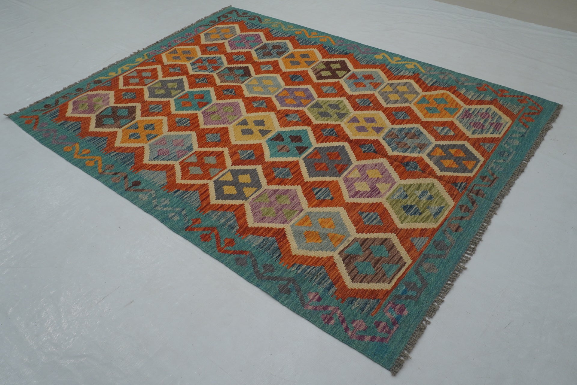 5x7 Red Turquoise Blue Afghan Handmade Kilim Rug