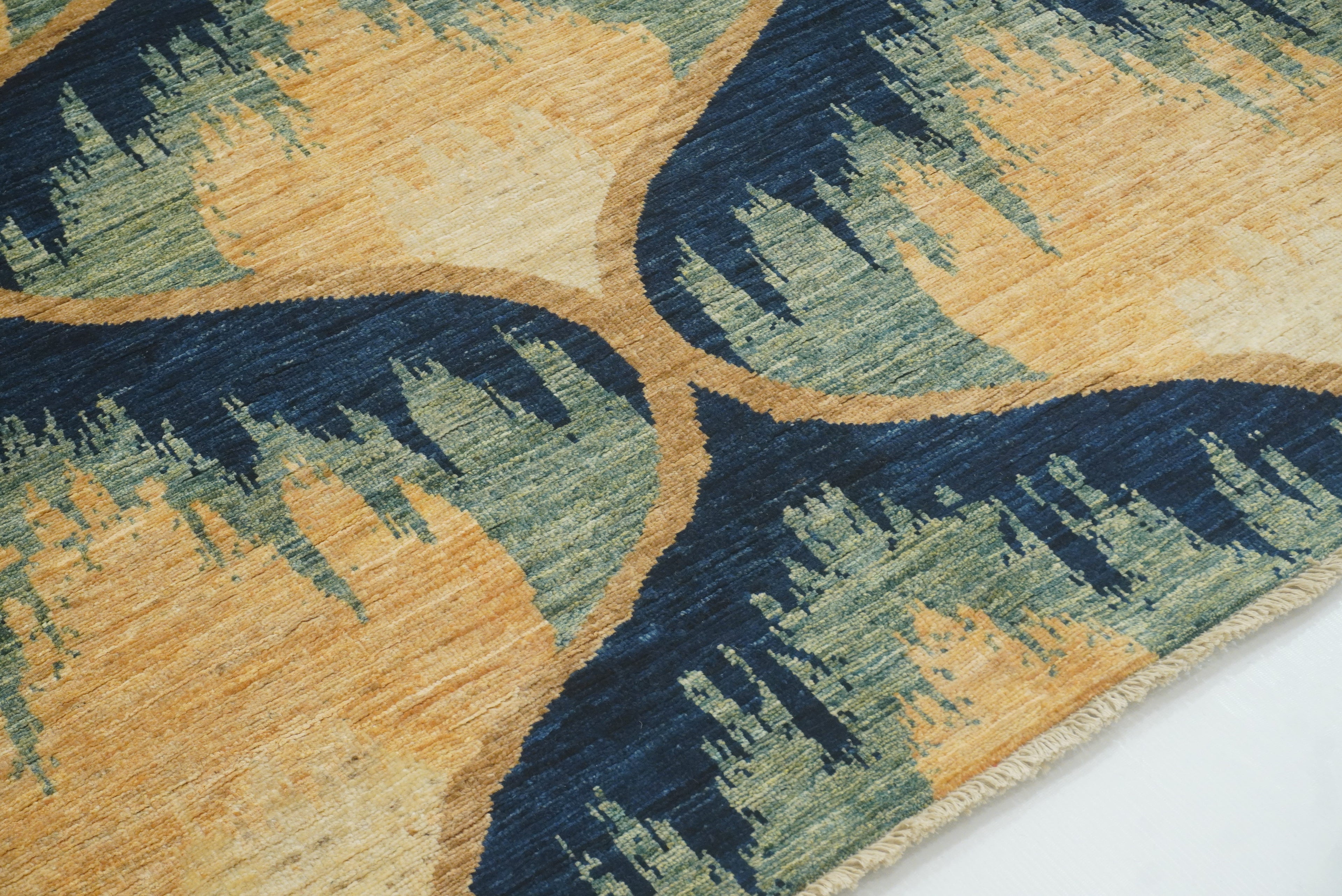 8x10 Afghan Ikat Green Blue Hand-Knotted Rug - Yildiz Rugs