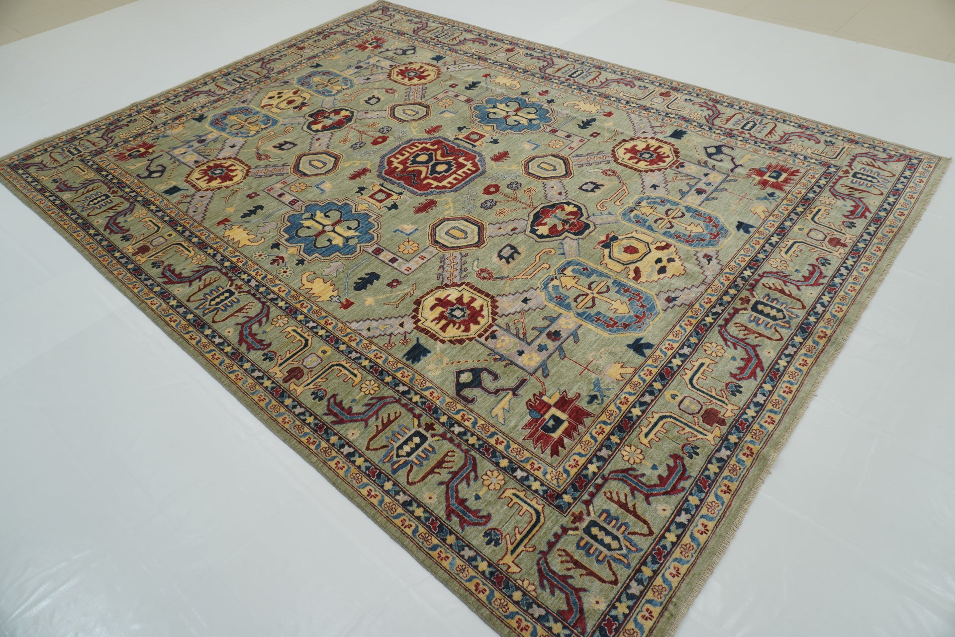 9x12 Green Heriz Afghan Hand-Knotted Oriental Rug