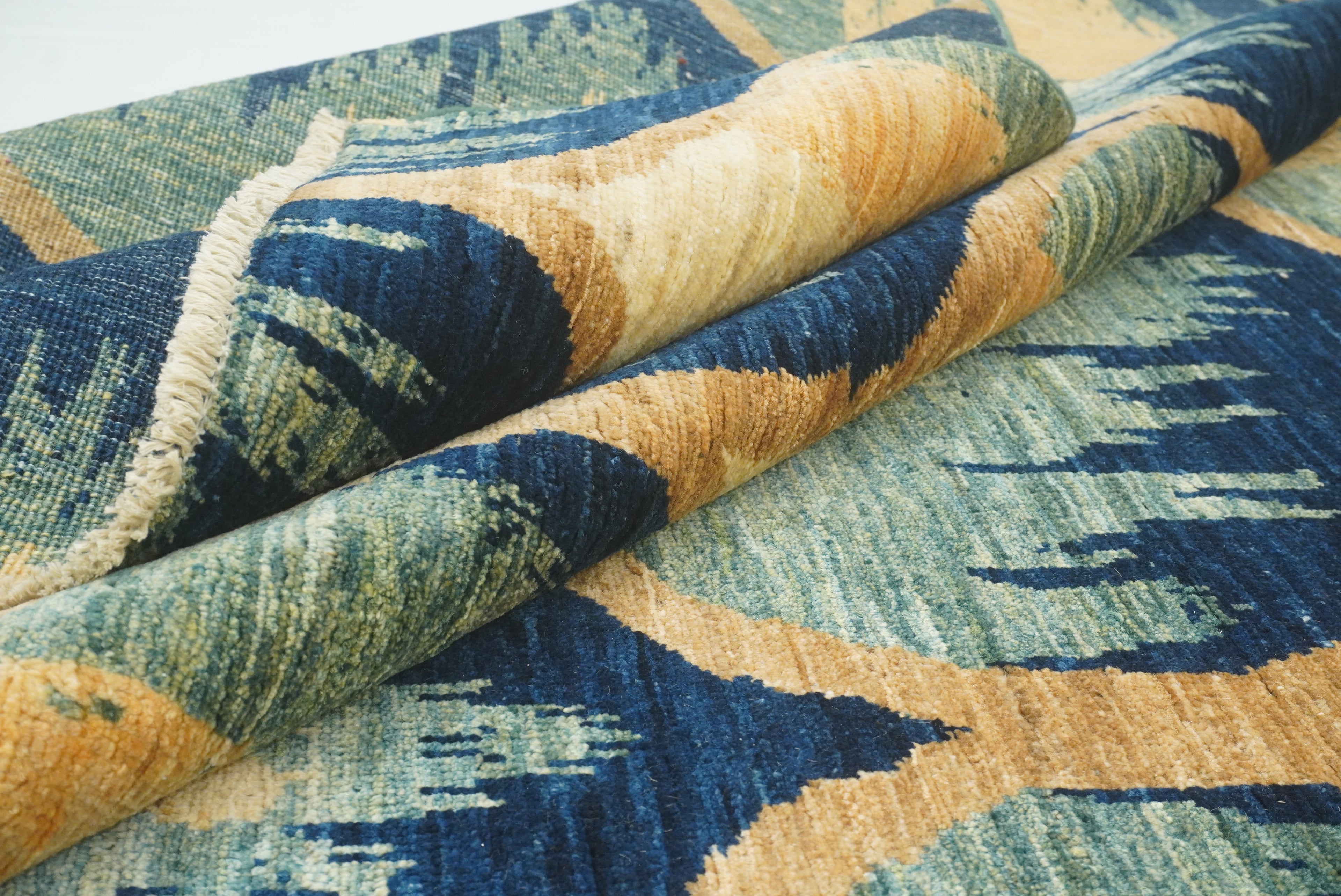 8x10 Afghan Ikat Green Blue Hand-Knotted Rug - Yildiz Rugs