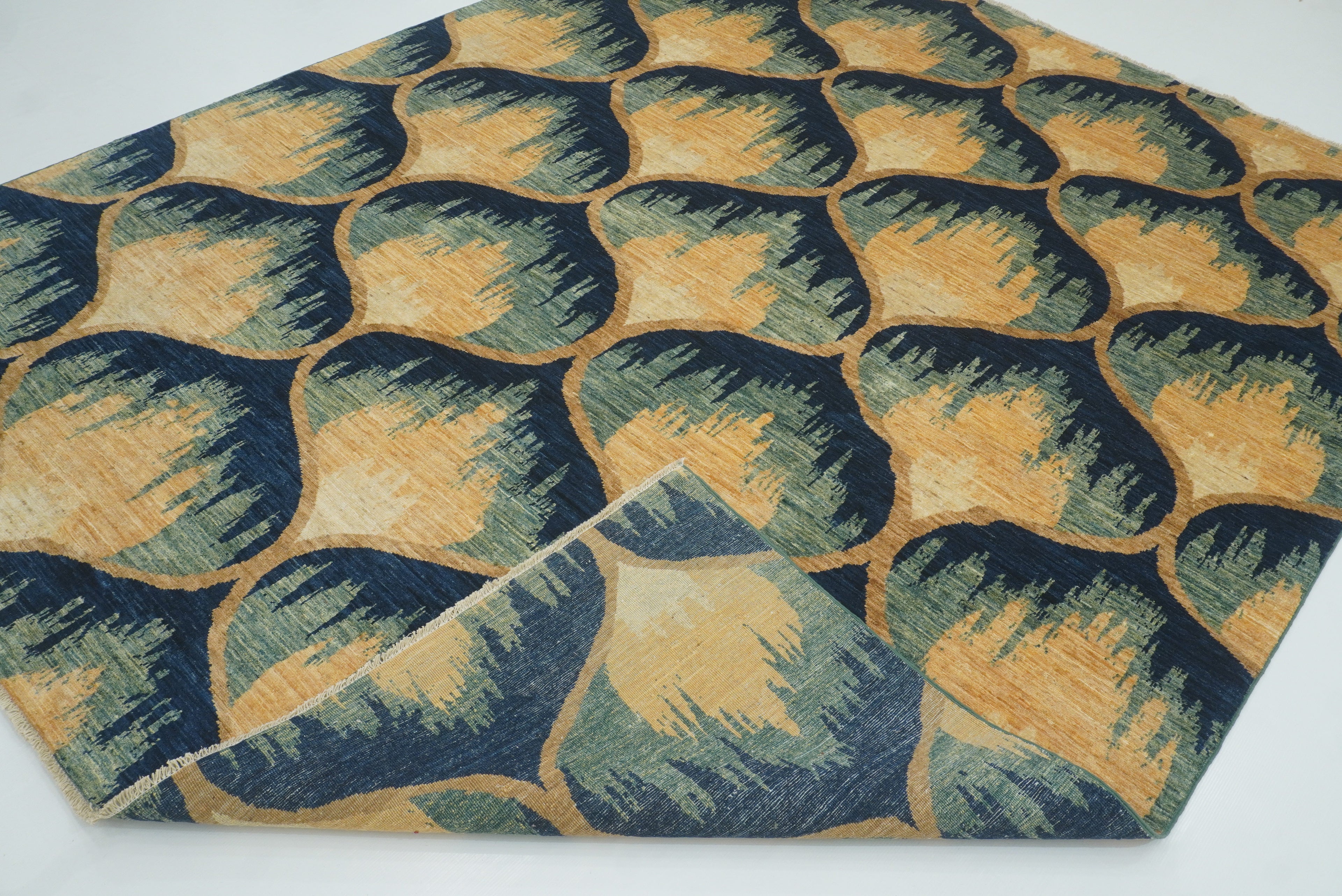 8x10 Afghan Ikat Green Blue Hand-Knotted Rug - Yildiz Rugs