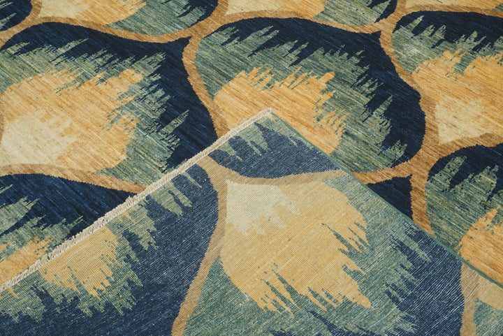 8x10 Afghan Ikat Green Blue Hand-Knotted Rug - Yildiz Rugs