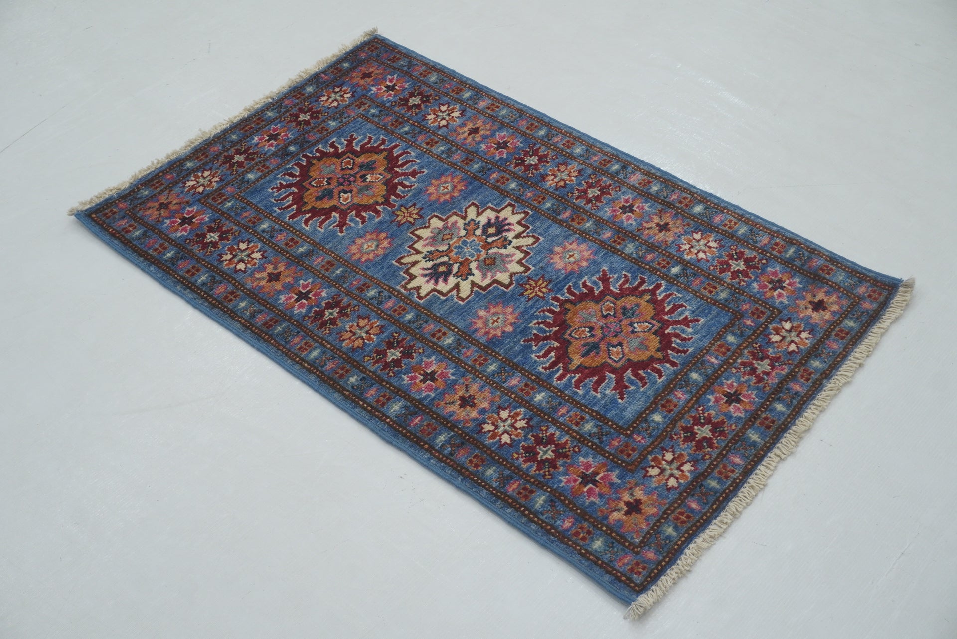 2x3 Blue Kazak Afghan Hand knotted Rug