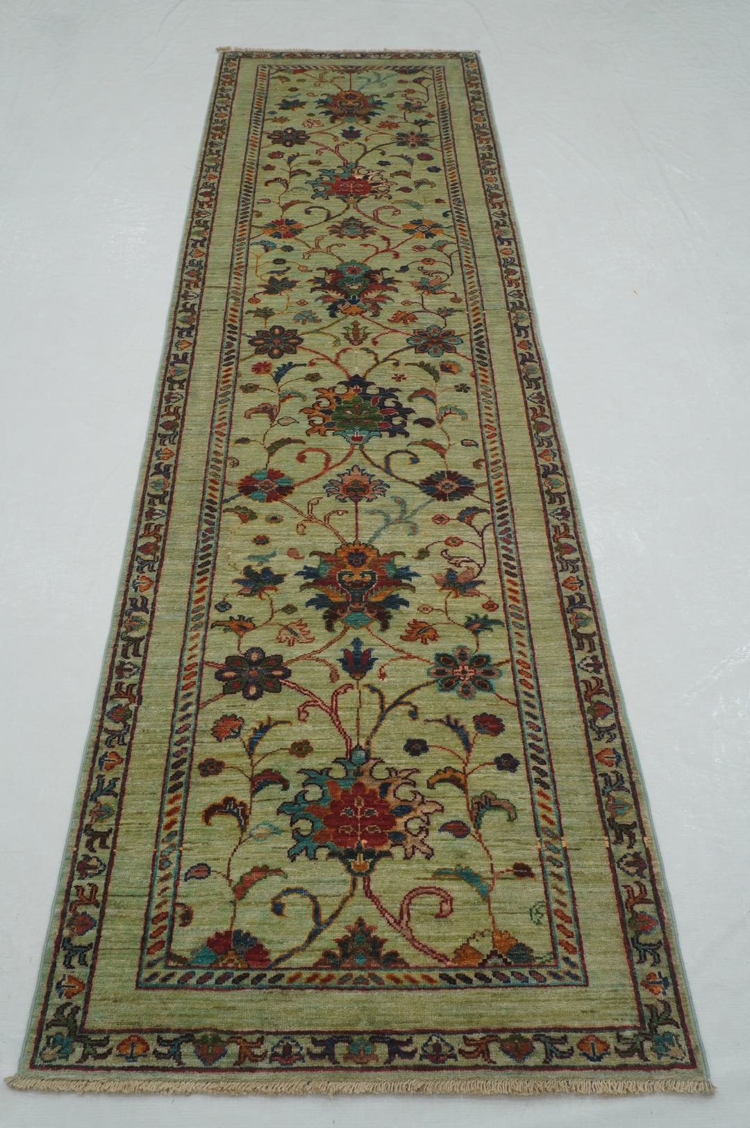 10 ft Green Waziri Afghan Hand knotted Runner Rug