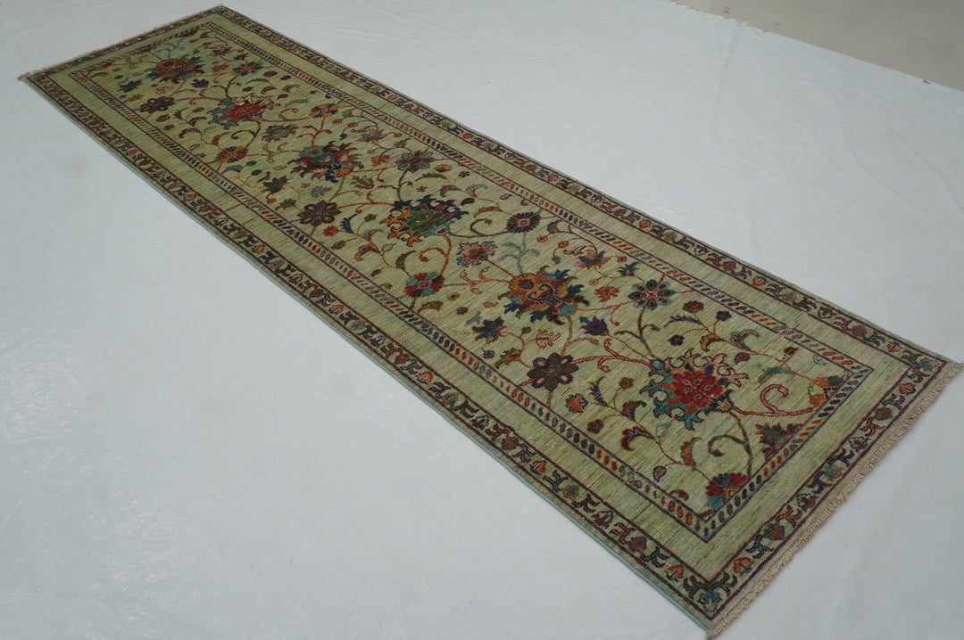 10 ft Green Waziri Afghan Hand knotted Runner Rug