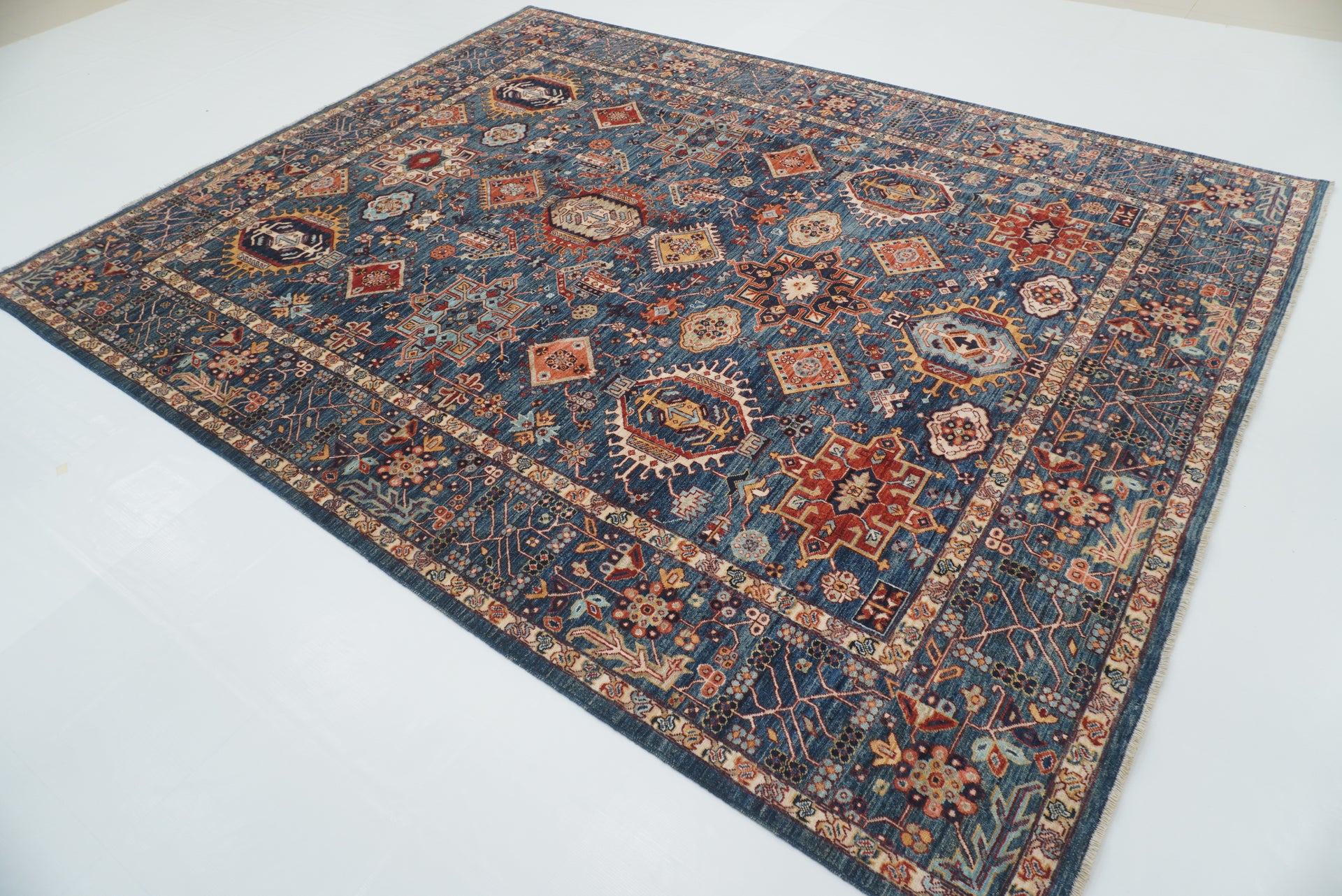 8x10 Dark Blue Karaja Afghan Hand-Knotted Rug