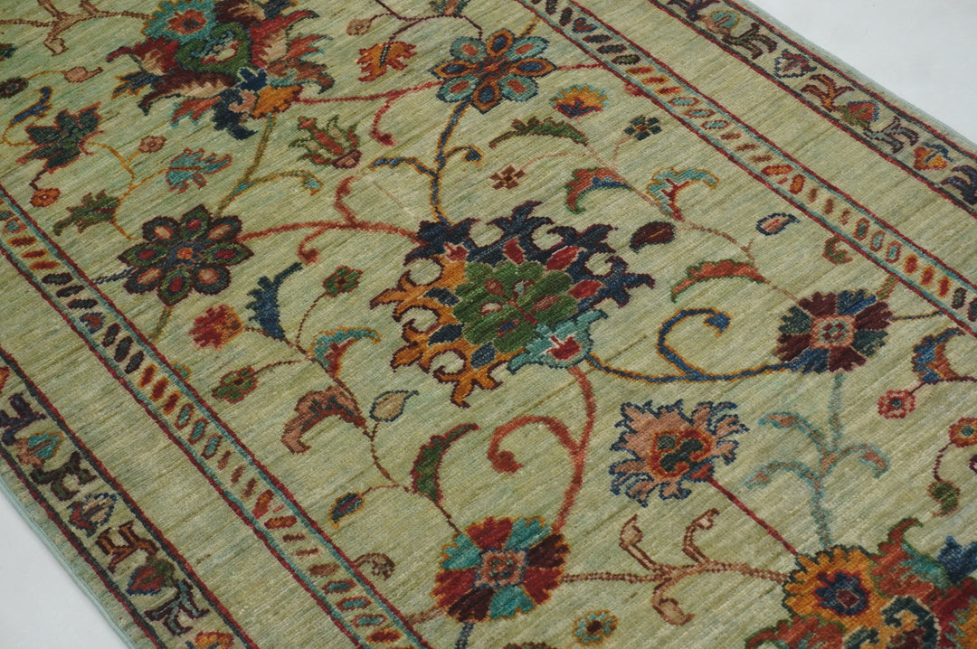 10 ft Green Waziri Afghan Hand knotted Runner Rug