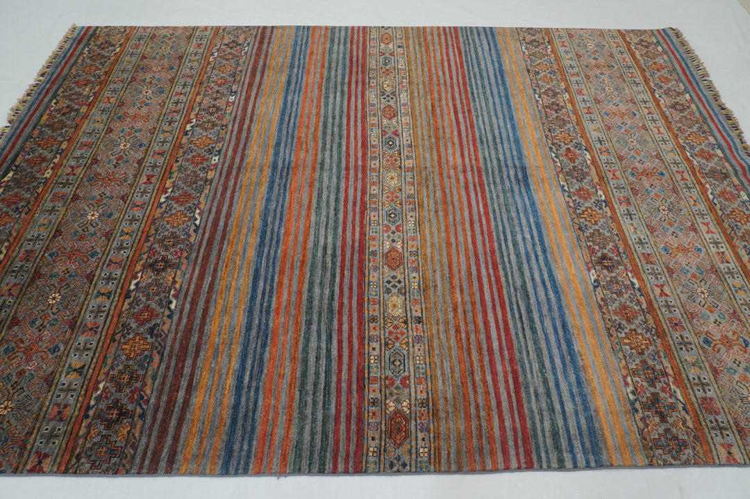 7x10 Gray Khorjun Tribal Afghan Hand knotted Striped Rug