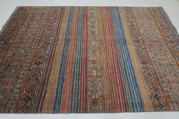 7x10 Gray Khorjun Tribal Afghan Hand knotted Striped Rug