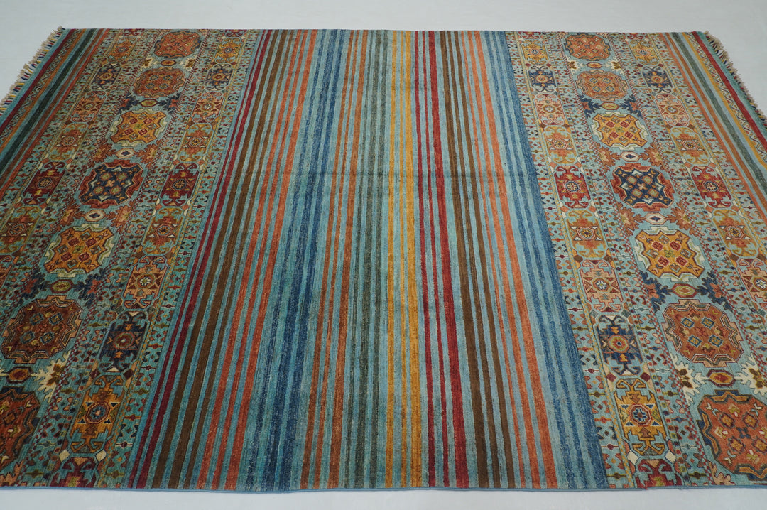 7x10 Turquoise Blue Khorjun Tribal Afghan Hand knotted Striped Rug