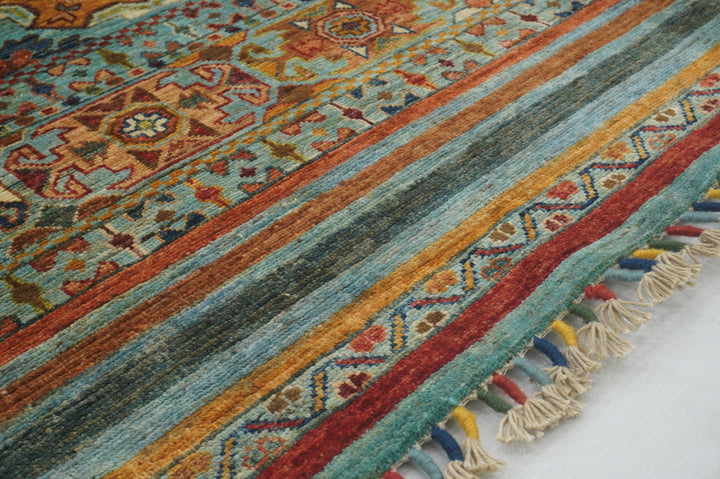 7x10 Turquoise Blue Khorjun Tribal Afghan Hand knotted Striped Rug