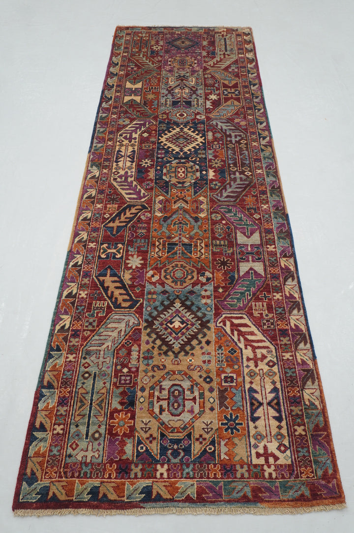 10 ft Red Baluch Tribal Afghan Hand knotted Bohemian Runner Rug