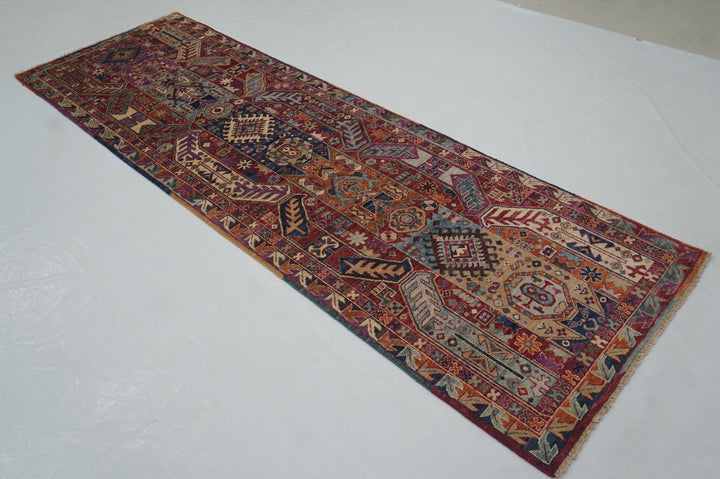 10 ft Red Baluch Tribal Afghan Hand knotted Bohemian Runner Rug