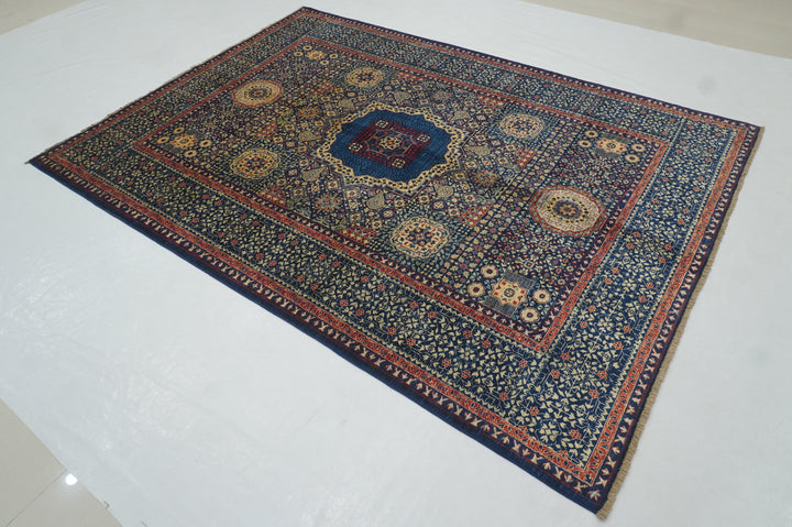 6x8'3 Navy Blue Mamluk Turkish Hand Knotted Geometric Medallion Rug