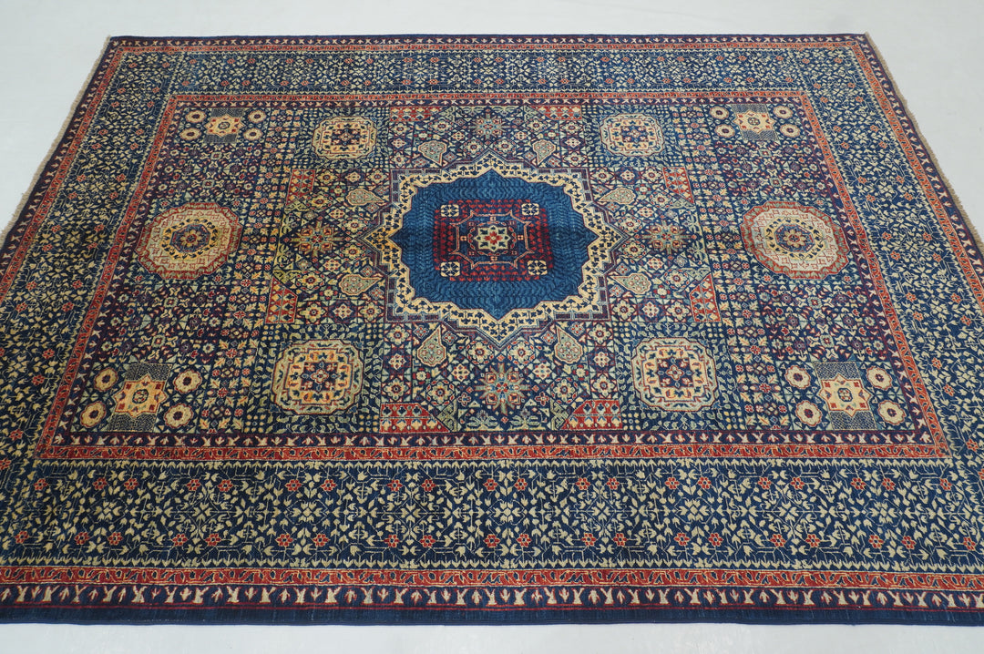 6x8'3 Navy Blue Mamluk Turkish Hand Knotted Geometric Medallion Rug