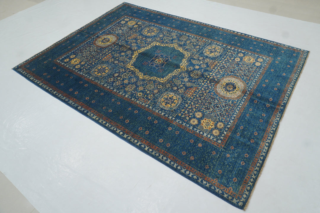 6x8'3 Blue Mamluk Turkish Hand Knotted Geometric Medallion Rug