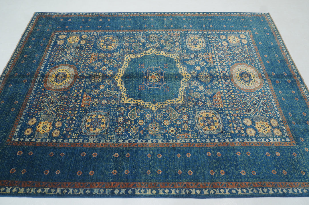 6x8'3 Blue Mamluk Turkish Hand Knotted Geometric Medallion Rug