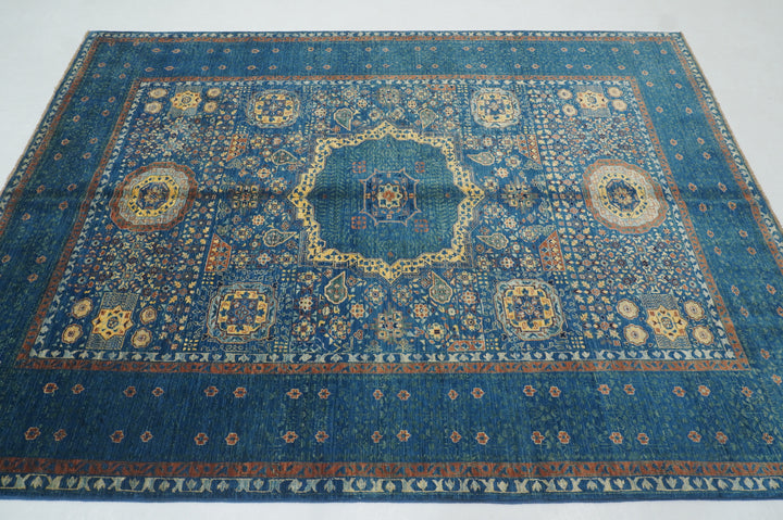 6x8'3 Blue Mamluk Turkish Hand Knotted Geometric Medallion Rug