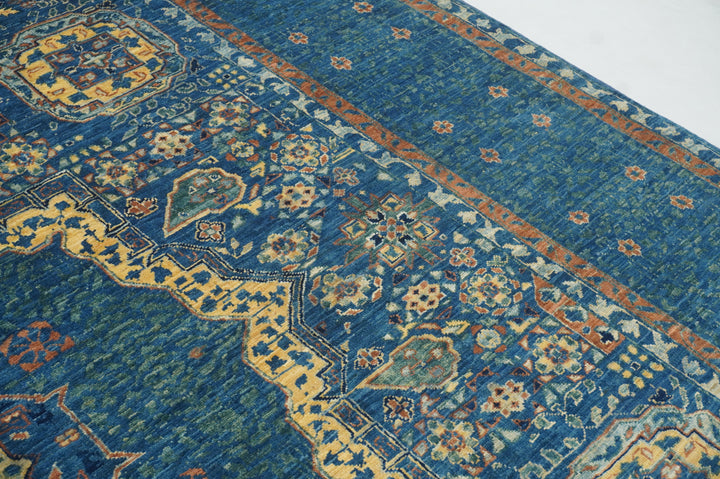 6x8'3 Blue Mamluk Turkish Hand Knotted Geometric Medallion Rug