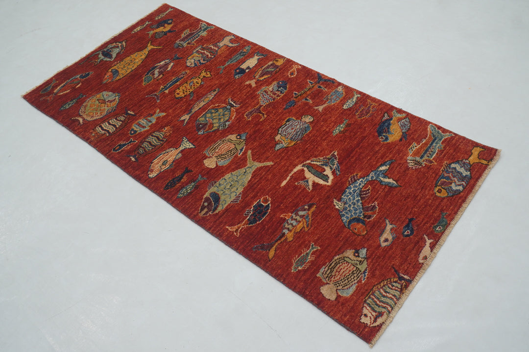 6 ft Red Fish Gabbeh Afghan Hand knotted Runner Rug