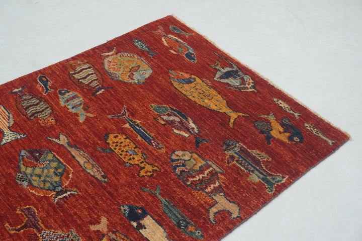 6 ft Red Fish Gabbeh Afghan Hand knotted Runner Rug