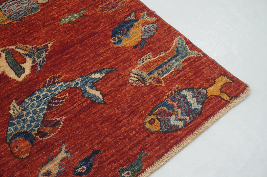 6 ft Red Fish Gabbeh Afghan Hand knotted Runner Rug