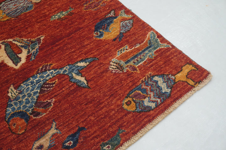 6 ft Red Fish Gabbeh Afghan Hand knotted Runner Rug