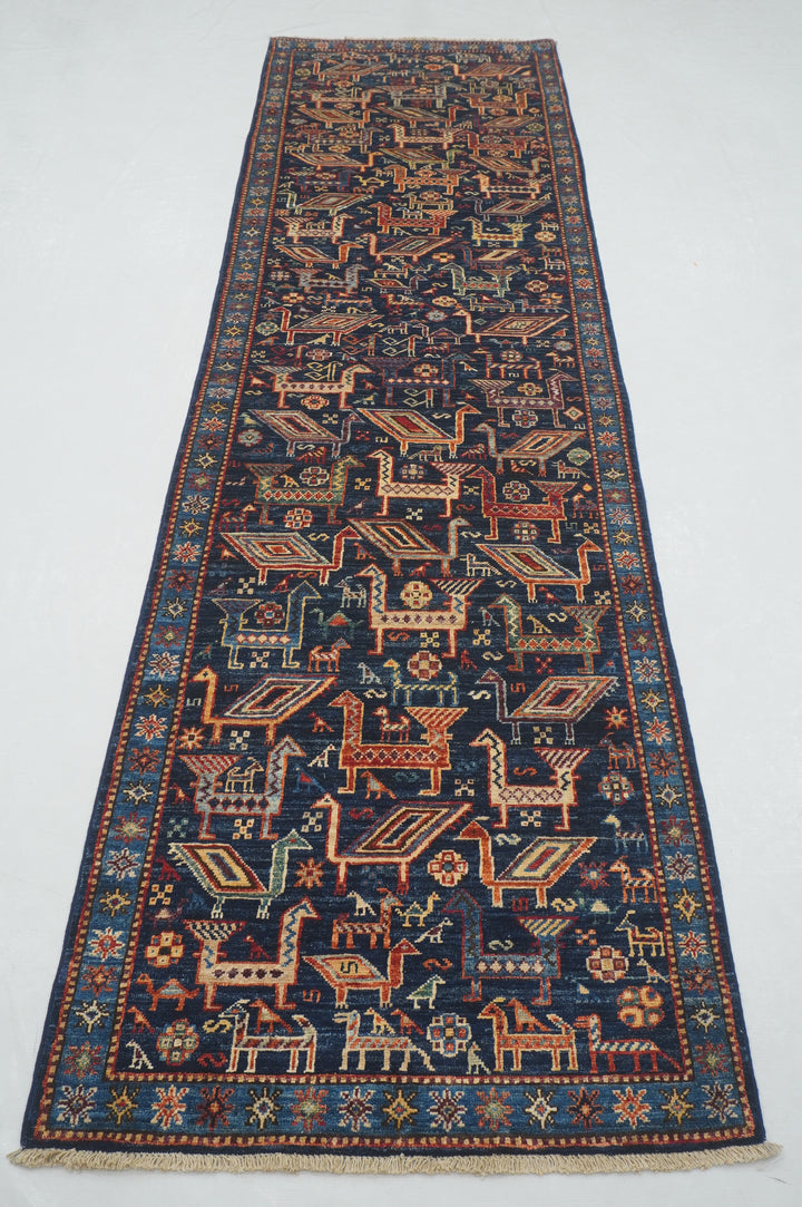 10 ft Navy Blue Gabbeh Animal Qashqai Afghan Hand knotted Runner Rug