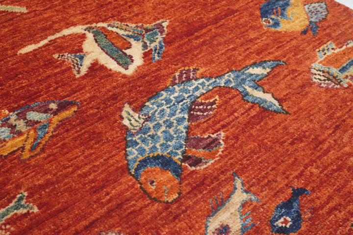 6 ft Red Fish Gabbeh Afghan Hand knotted Runner Rug