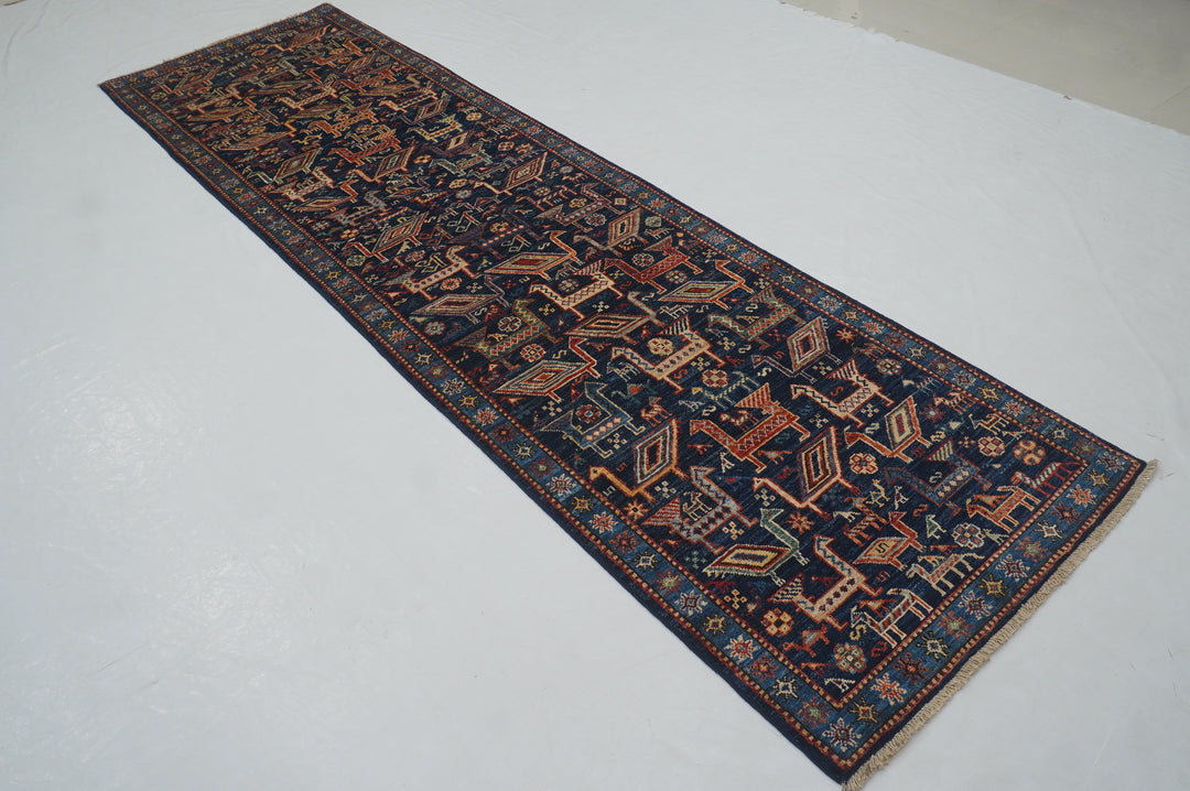 10 ft Navy Blue Gabbeh Animal Qashqai Afghan Hand knotted Runner Rug