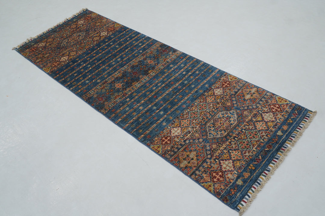 7 ft Blue Tribal Afghan Hand knotted Runner Rug