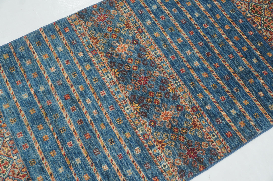 7 ft Blue Tribal Afghan Hand knotted Runner Rug