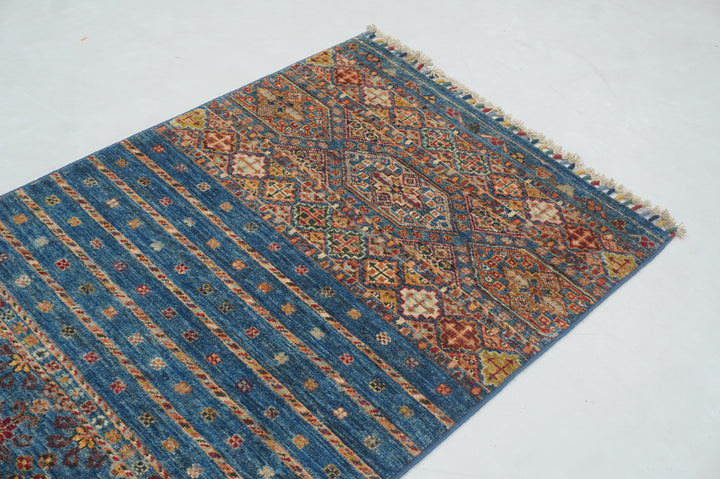 7 ft Blue Tribal Afghan Hand knotted Runner Rug