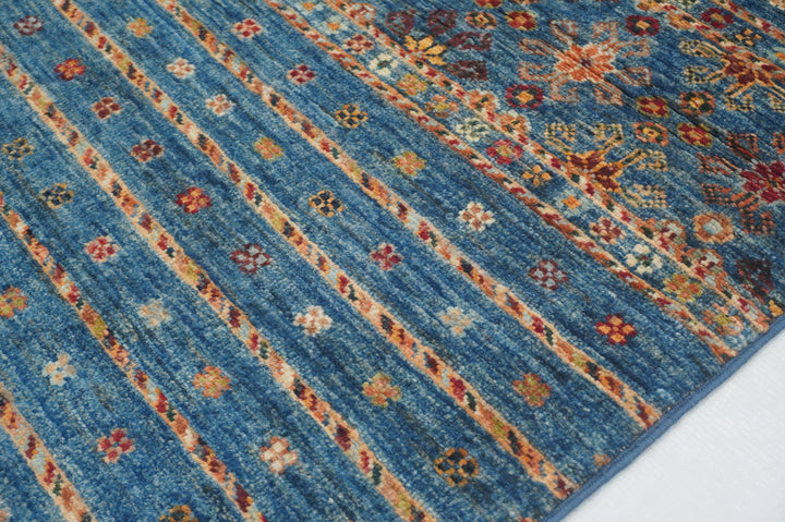 7 ft Blue Tribal Afghan Hand knotted Runner Rug