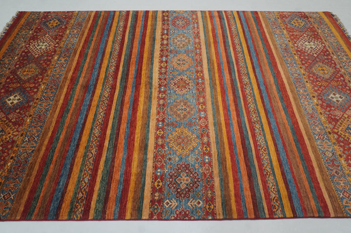 7x10 Red Khorjun Tribal Afghan Hand knotted Striped Rug