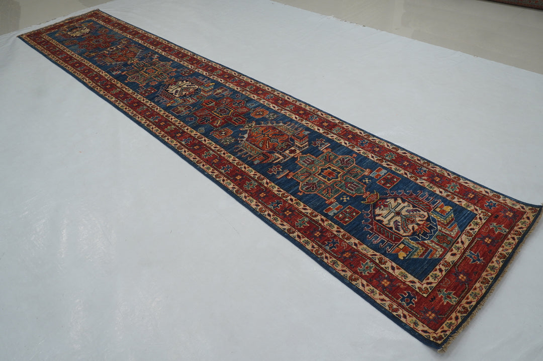 14 ft Blue Karaja Traditional Afghan Hand knotted Runner Rug