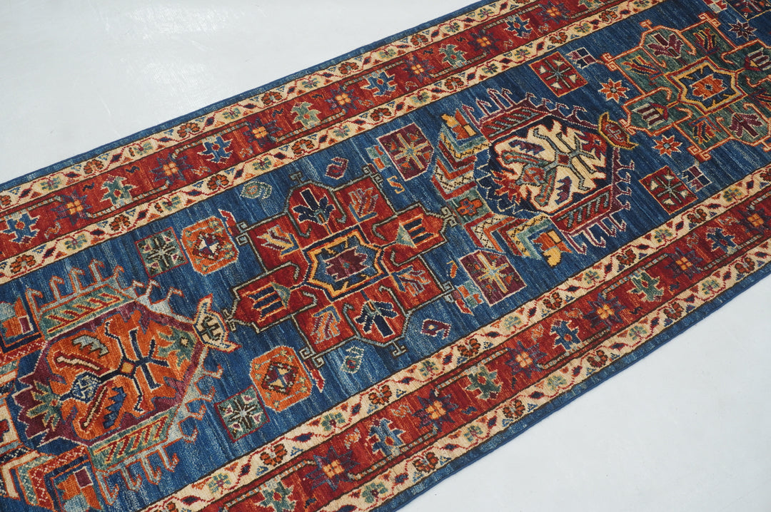 14 ft Blue Karaja Traditional Afghan Hand knotted Runner Rug