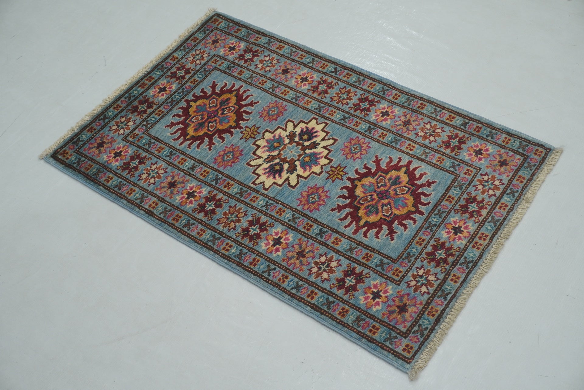 2x3 Soft Blue Kazak Afghan Hand knotted Rug