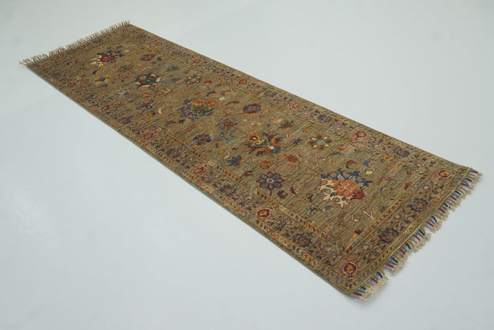 8 ft Waziri Olive Brown Afghan Hand-Knotted Runner Rug - Yildiz Rugs