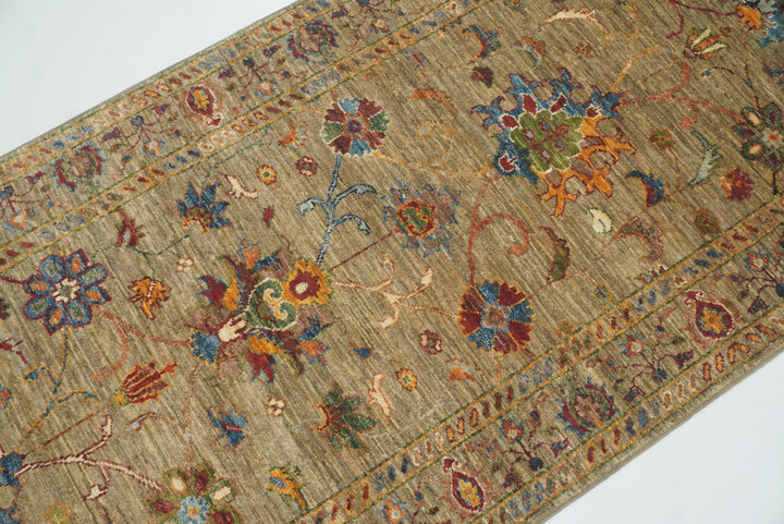 8 ft Waziri Olive Brown Afghan Hand-Knotted Runner Rug - Yildiz Rugs