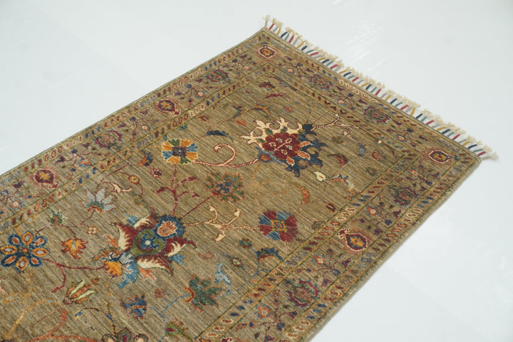 8 ft Waziri Olive Brown Afghan Hand-Knotted Runner Rug - Yildiz Rugs