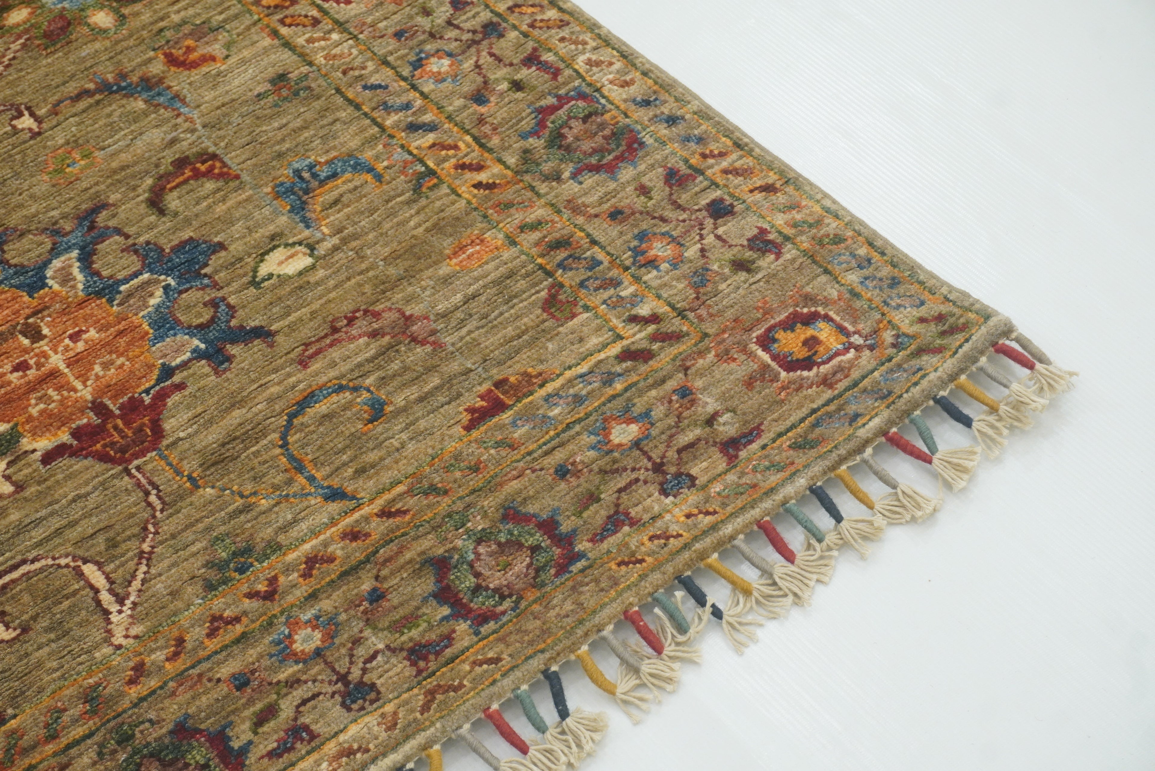 8 ft Waziri Olive Brown Afghan Hand-Knotted Runner Rug - Yildiz Rugs