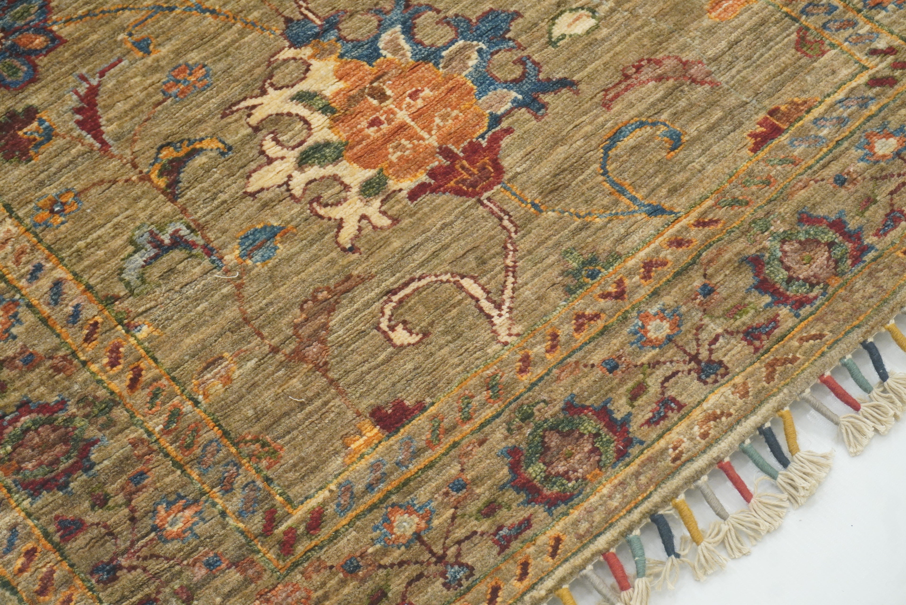 8 ft Waziri Olive Brown Afghan Hand-Knotted Runner Rug - Yildiz Rugs