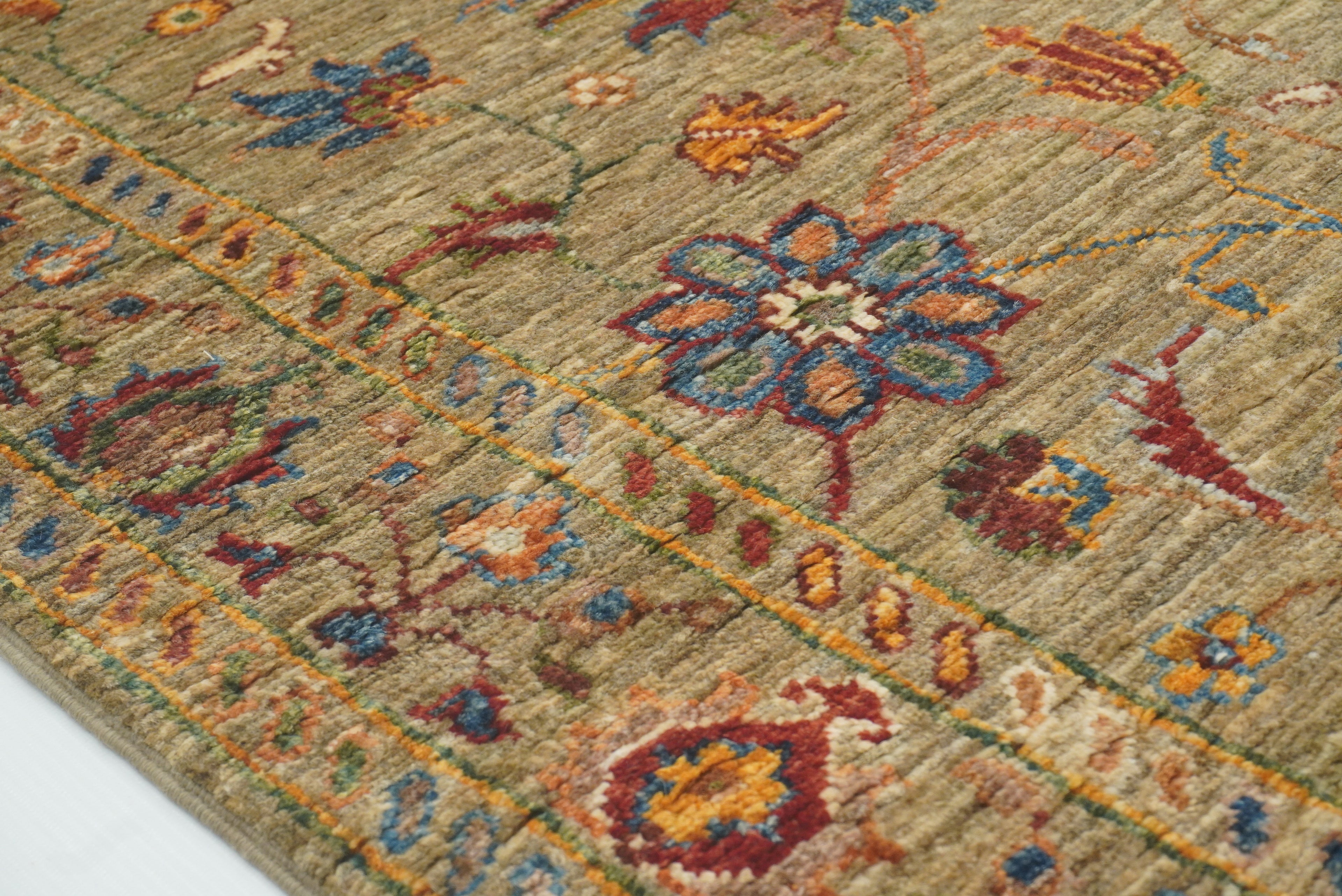 8 ft Waziri Olive Brown Afghan Hand-Knotted Runner Rug - Yildiz Rugs