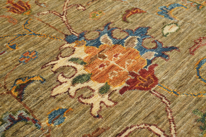 8 ft Waziri Olive Brown Afghan Hand-Knotted Runner Rug - Yildiz Rugs