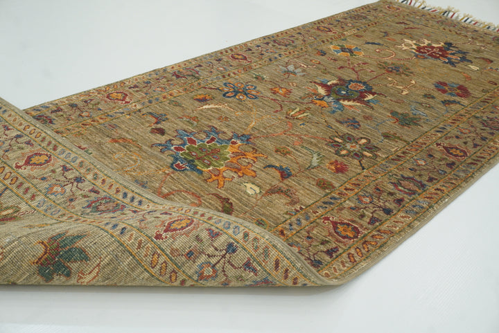 8 ft Waziri Olive Brown Afghan Hand-Knotted Runner Rug - Yildiz Rugs