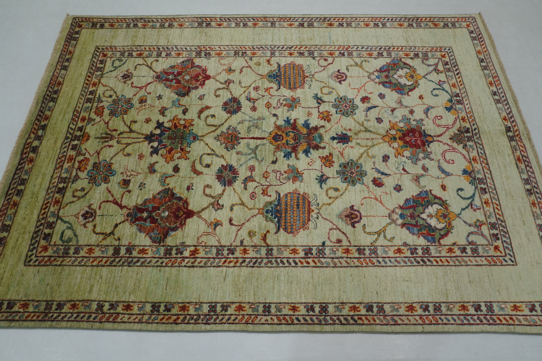 5x7 Green Waziri Afghan Hand Knotted Oriental Rug