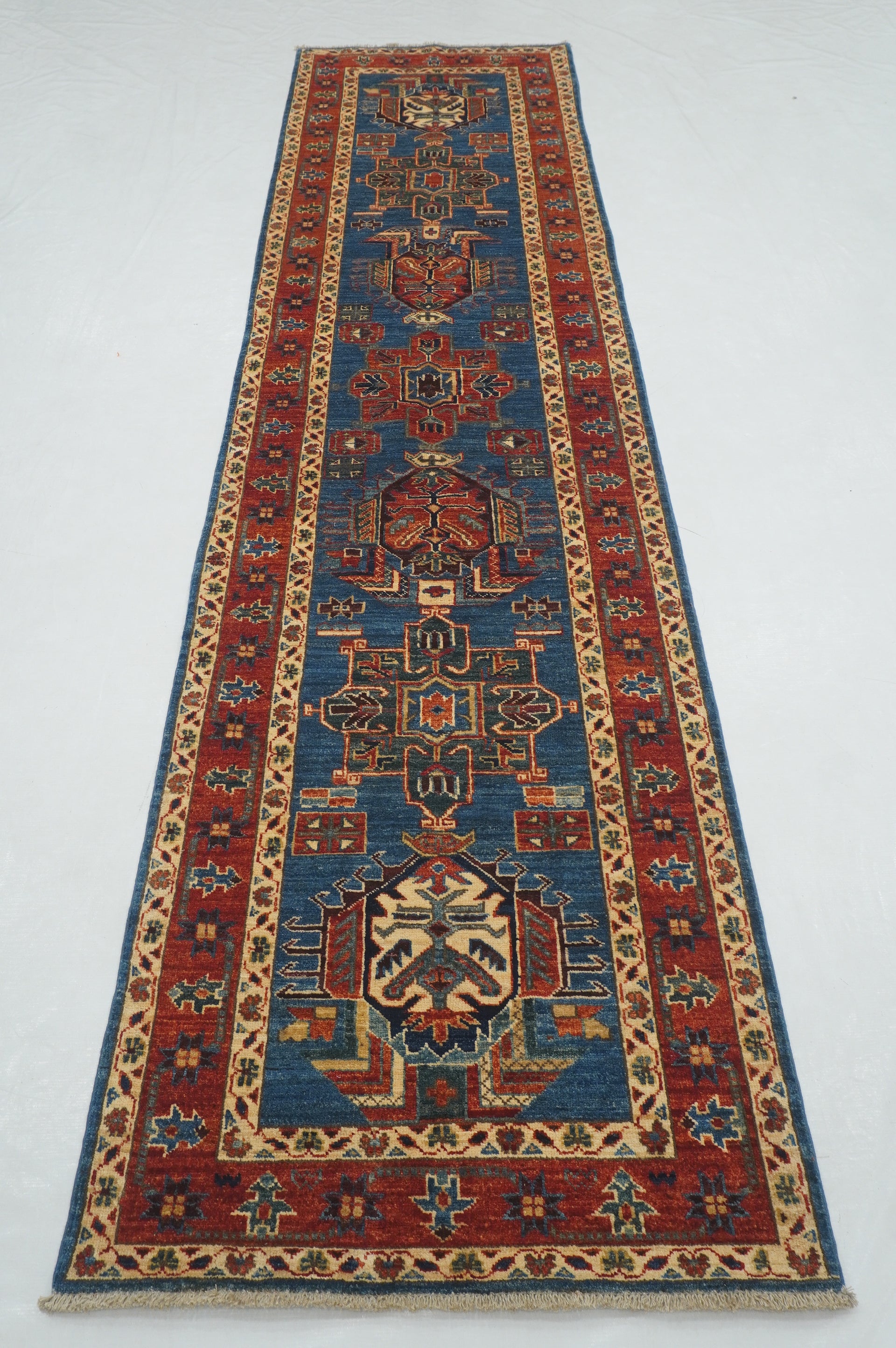11 ft Blue Karaja Traditional Afghan Hand knotted Runner Rug