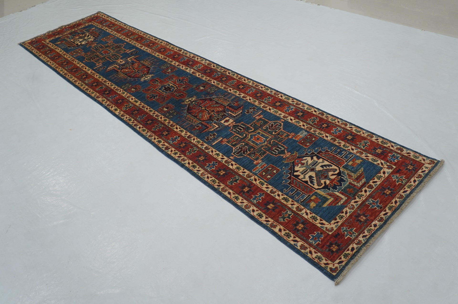 11 ft Blue Karaja Traditional Afghan Hand knotted Runner Rug